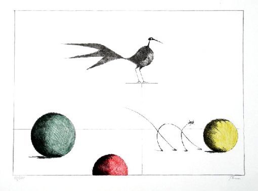 Paul Flora Lithographie Drei Kugeln, Vogel und dünne Katze