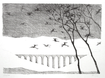 Paul Flora Lithographie Landschaft mit Vogelschwarm