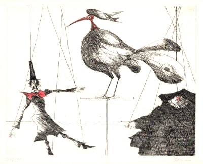 Paul Flora Radierung Marionetten und Vogel