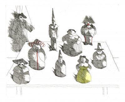 Paul Flora Radierung Marionette mit acht Figuren