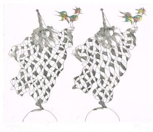 Paul Flora Harlekine mit Ziervögeln