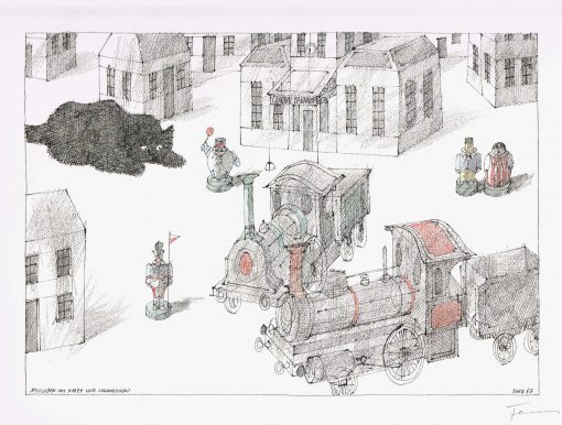 Paul Flora Stilleben mit Katze und Lokomotiven
