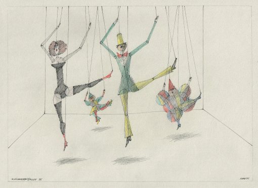 Paul Flora Zeichnung Marionettenballett IV