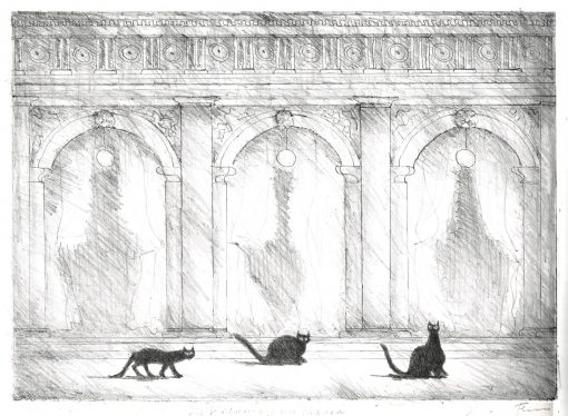 Paul Flora Lithographie Die Katzen auf der Piazza