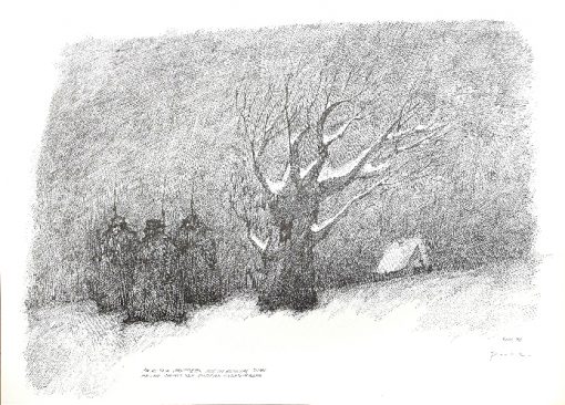 Paul Flora Ein als Baum verkleideter Altösterreichischer Spion mit drei ahnungslosen russischen Grenzwächtern Kunstdruck