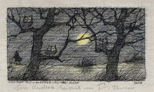 Paul Flora Federzeichnung Notturno mit Wanderer und drei Eulen