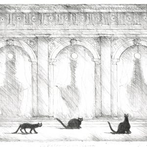 Paul Flora Lithographie Drei Katzen in Venedig