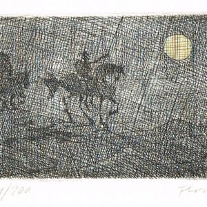 Paul Flora Radierung Don Quichotte und Sancho Pansa, nächtlich