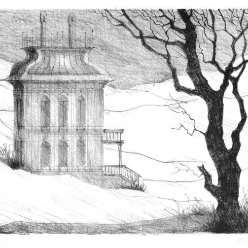 Paul Flora Lithographie Ein leeres Haus