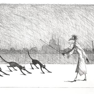 Paul Flora Lithographie Monsierur Corbeau und Katzen