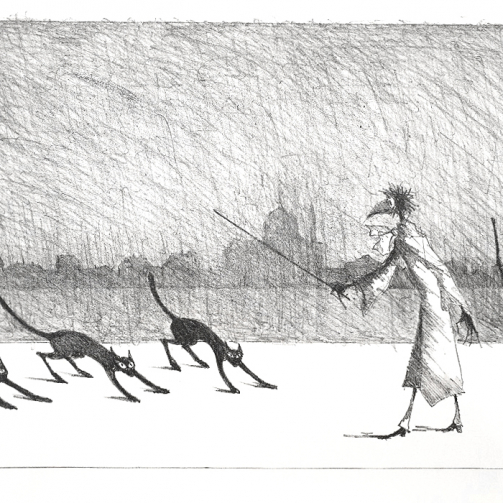 Paul Flora Lithographie Monsierur Corbeau und Katzen