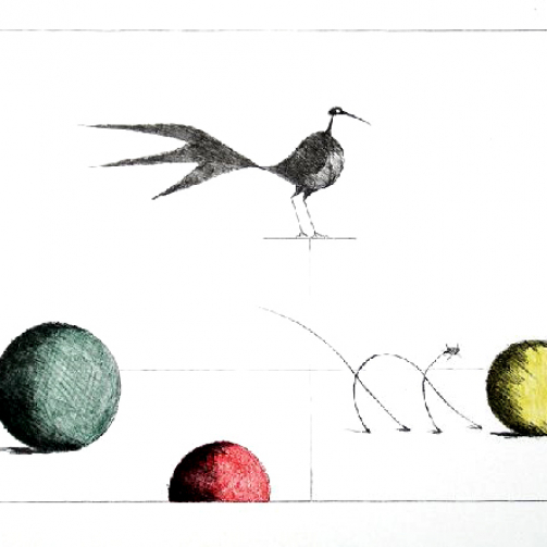 Paul Flora Lithographie Drei Kugeln, Vogel und dünne Katze