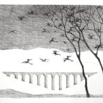 Paul Flora Lithographie Landschaft mit Vogelschwarm