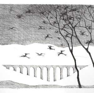 Landschaft mit Vogelschwarm