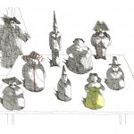 Paul Flora Radierung Marionette mit acht Figuren