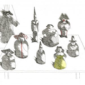 Paul Flora Radierung Marionette mit acht Figuren