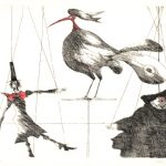 Paul Flora Radierung Marionetten und Vogel