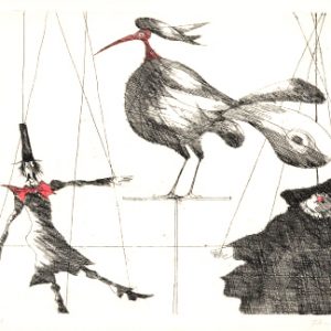Paul Flora Radierung Marionetten und Vogel
