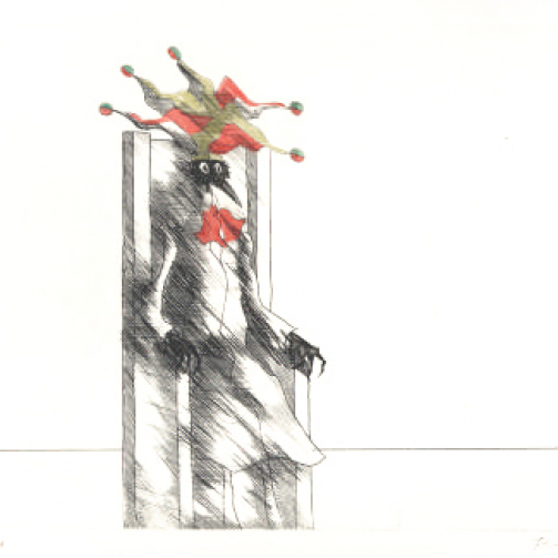 Paul Flora Radierung Monsieur Corbeau mit Narrenkappe