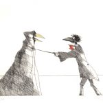 Paul Flora Radierung Monsieur Corbeau und eine verhüllte Figur