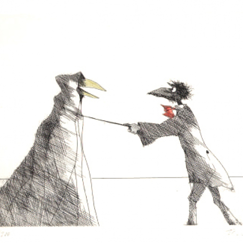 Paul Flora Radierung Monsieur Corbeau und eine verhüllte Figur