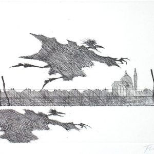 Paul Flora Radierung Monsieur Corbeau unterwegs