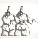 Paul Flora Radierung Pulcinellen mit Reifen
