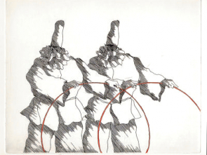 Paul Flora Radierung Pulcinellen mit Reifen