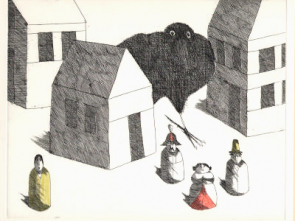 Paul Flora Radierung Rabe mit Figuren