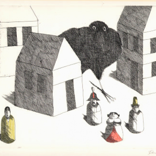 Paul Flora Radierung Rabe mit Figuren