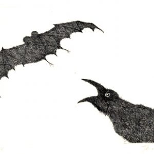 Paul Flora Radierung Rabe und Fledermaus