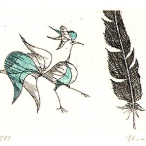 Paul Flora Radierung Vogel und Feder