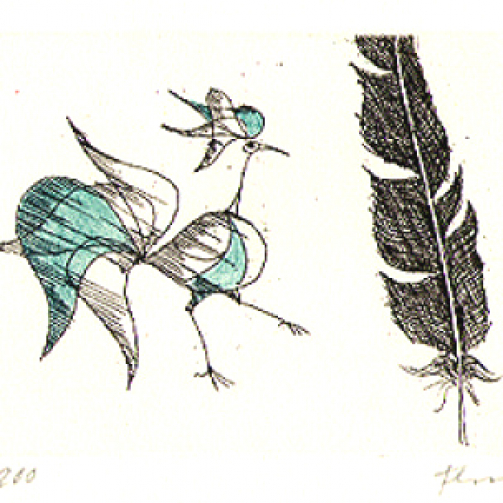 Paul Flora Radierung Vogel und Feder