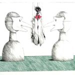 Paul Flora Lithographie Zwei Masken und Monsieur Corbeau