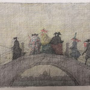 Paul Flora Venezianische Brücke mit Karnevalsfiguren