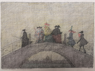 Paul Flora Venezianische Brücke mit Karnevalsfiguren