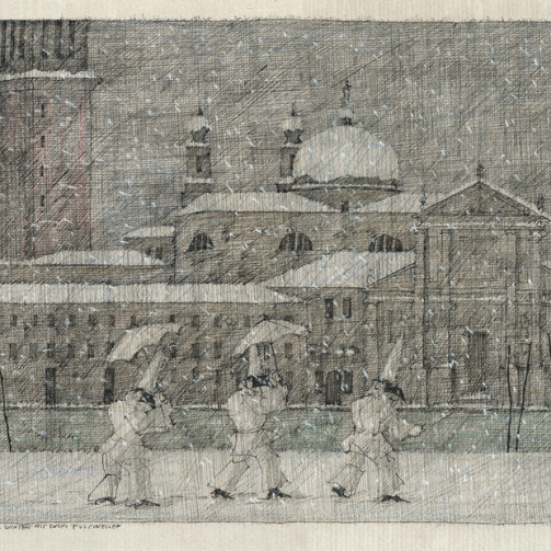 Paul Flora Venezianischer Winter mit drei Pulcinellen