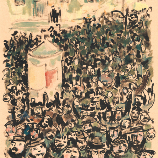 Paul Flora Voller Platz mit Litfaßsäule