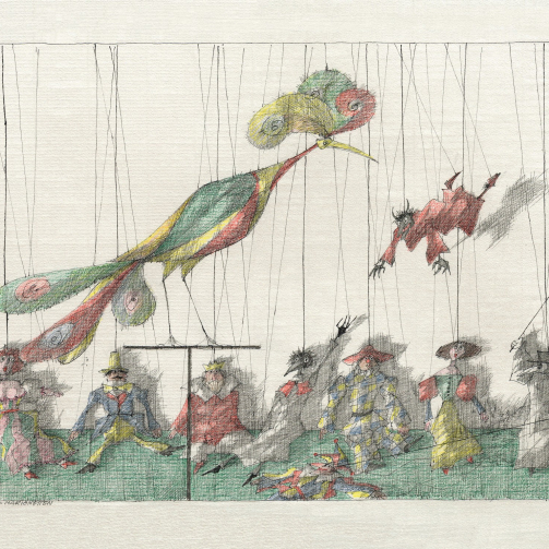 Paul Flora Poster Ziervogel und Marionetten