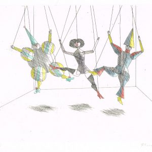 Paul Flora, Radierung, Marionettentrio