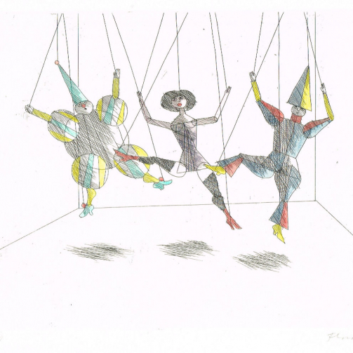 Paul Flora, Radierung, Marionettentrio