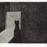 Die Katze vor dem Mäuseloch Radierung von Paul Flora