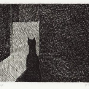 Die Katze vor dem Mäuseloch Radierung von Paul Flora
