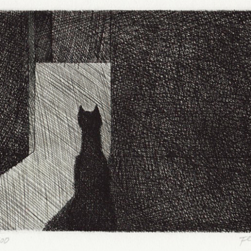 Die Katze vor dem Mäuseloch Radierung von Paul Flora