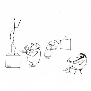 Paul Flora Federzeichnung Künstler in der Ausstellung III