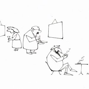 Paul Flora Federzeichnung Künstler und Besucher in der Ausstellung II