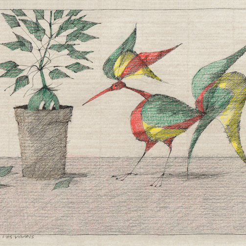 Paul Flora Postkarte Das Erstaunen des Vogels Kopie