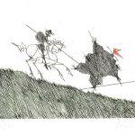 Paul Flora Radierung Don Quichote besiegt eine Scheuche