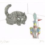 Paul Flora Radierung Katze und Zinnsoldat