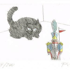 Paul Flora Radierung Katze und Zinnsoldat